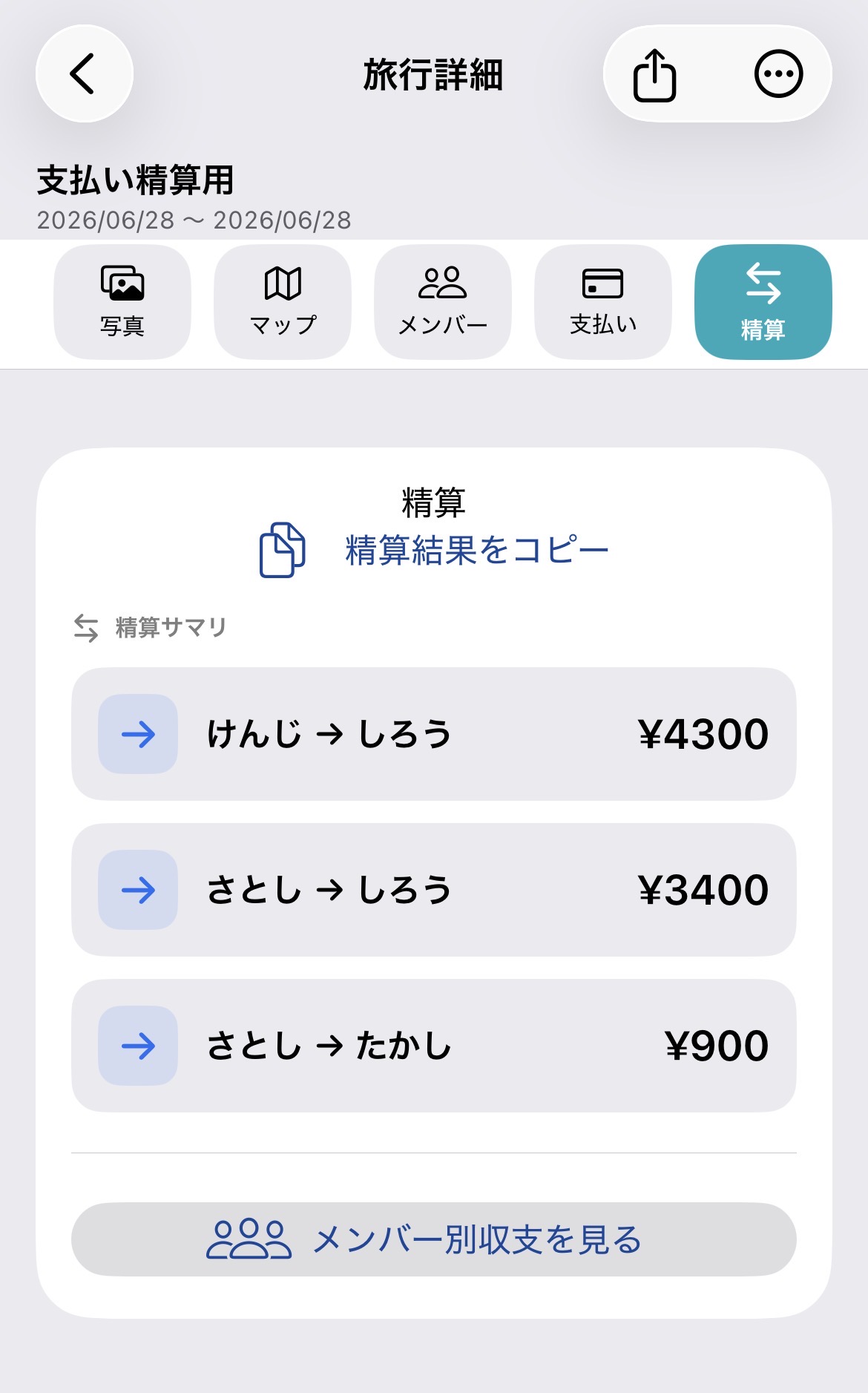 TabiLogの精算結果画面